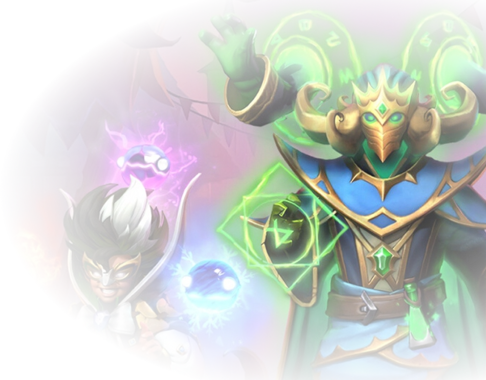 Tre personaggi fantastici, tra cui il mago protagonista, lanciano incantesimi spettacolari in un’atmosfera festosa e mistica.